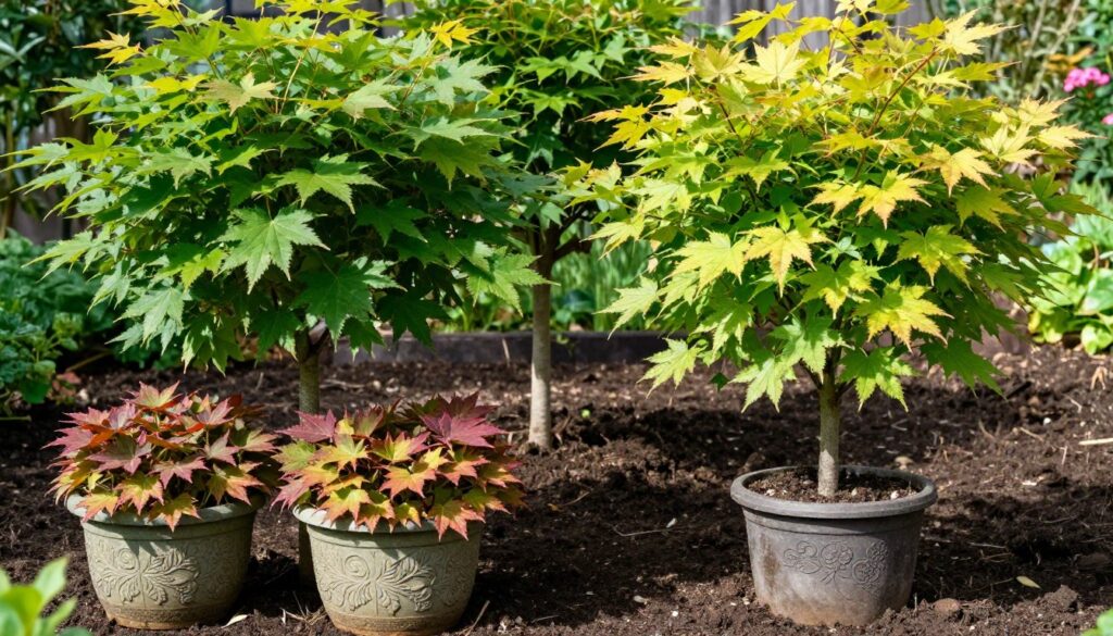 A vibrant garden scene featuring two distinct types of maples: one group of lush, leafy maple trees in beautifully textured pots, representing container gardening, and another group planted directly into rich, fertile soil, symbolizing ground cultivation. The foreground should showcase the intricately designed pots with colorful foliage, while the middle section highlights the robust trunks and vibrant leaves of the trees in the ground. Soft, natural sunlight filters through the leaves, casting gentle shadows that enhance the greenery. In the background, a blurred hint of a garden landscape adds depth and context. The overall mood is serene and natural, inviting viewers to appreciate the beauty of both growing methods, with a focus on healthy growth and vibrant leaf color. A vibrant garden scene featuring two distinct types of maples: one group of lush, leafy maple trees in beautifully textured pots, representing container gardening, and another group planted directly into rich, fertile soil, symbolizing ground cultivation. The foreground should showcase the intricately designed pots with colorful foliage, while the middle section highlights the robust trunks and vibrant leaves of the trees in the ground. Soft, natural sunlight filters through the leaves, casting gentle shadows that enhance the greenery. In the background, a blurred hint of a garden landscape adds depth and context. The overall mood is serene and natural, inviting viewers to appreciate the beauty of both growing methods, with a focus on healthy growth and vibrant leaf color.