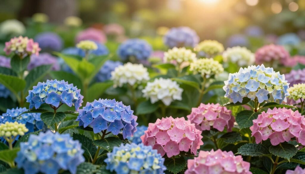 A vibrant garden scene featuring various species of hydrangeas in full bloom, displaying their lush, colorful flowers. In the foreground, close-up views of different hydrangea varieties such as the classic blue, pink, and white mophead hydrangeas, with dew droplets glistening on their petals. In the middle ground, diverse species like lacecap hydrangeas are intermixed, creating a harmonious blend of colors and textures. The background reveals a softly blurred garden setting under warm, golden sunlight, enhancing the serene atmosphere. Utilize a shallow depth of field to focus on the flowers while softly smoothing the garden details. The overall mood is tranquil and inviting, perfect for showcasing the beauty and diversity of hydrangeas as they prepare for the seasonal changes.