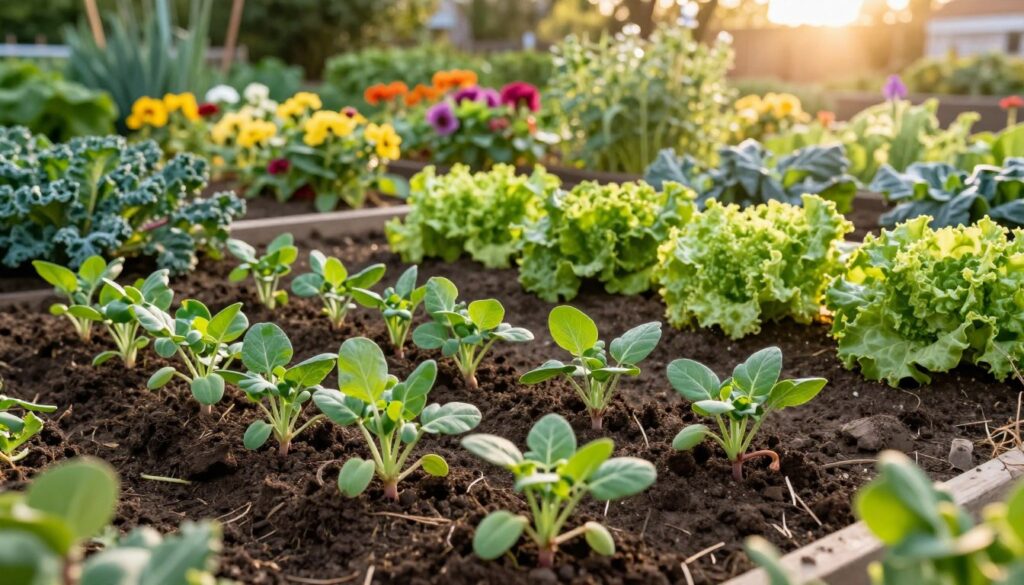 A vibrant garden scene focused on a variety of "follow-up plants" suitable for planting after beets. In the foreground, healthy, green seedlings of legumes, such as peas and beans, are emerging from rich, dark soil, showcasing their delicate leaves. In the middle ground, rows of leafy greens like kale and lettuce thrive, their textures contrasting beautifully. The background features a sunlit vegetable patch with colorful flowers and an assortment of herbs, enhancing the biodiversity. Soft, golden sunlight filters through gentle clouds, casting a warm glow over the scene. Capture the tranquility and hopefulness of sustainable gardening, with gentle wind rustling the leaves, creating an inviting atmosphere. The scene is captured from a slightly elevated angle, focusing on the diversity of plants and their harmonious coexistence. A vibrant garden scene focused on a variety of "follow-up plants" suitable for planting after beets. In the foreground, healthy, green seedlings of legumes, such as peas and beans, are emerging from rich, dark soil, showcasing their delicate leaves. In the middle ground, rows of leafy greens like kale and lettuce thrive, their textures contrasting beautifully. The background features a sunlit vegetable patch with colorful flowers and an assortment of herbs, enhancing the biodiversity. Soft, golden sunlight filters through gentle clouds, casting a warm glow over the scene. Capture the tranquility and hopefulness of sustainable gardening, with gentle wind rustling the leaves, creating an inviting atmosphere. The scene is captured from a slightly elevated angle, focusing on the diversity of plants and their harmonious coexistence.