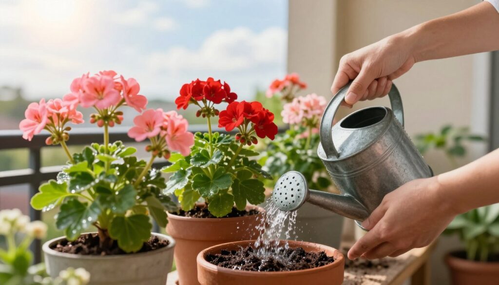 A vibrant garden scene focusing on a gardener gently watering pelargonium plants on a sunny balcony. In the foreground, depict a pair of hands holding a watering can, carefully pouring water onto the rich, dark soil of potted pelargoniums, showcasing their colorful blooms in pinks and reds. The middle ground shows several pots of healthy pelargoniums, with fresh green leaves glistening from the moisture. In the background, a sunny sky with soft clouds enhances the warm, inviting atmosphere, while a cozy balcony railing is partially visible. Use soft, natural lighting to create a serene mood, evoking feelings of care and growth. The angle should be slightly elevated to capture the depth of the garden space, emphasizing the connection between the gardener and the plants.