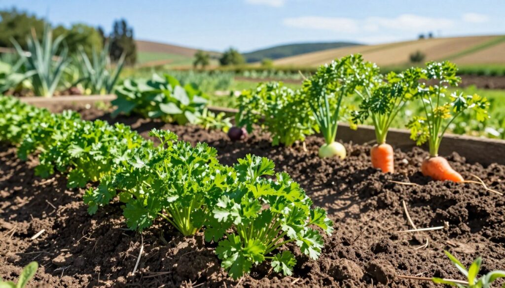 A vibrant garden scene focusing on freshly sprouted parsley plants, showcasing their lush green leaves. In the foreground, healthy parsley is blooming in well-tilled earth. To the side, there are companion plants like carrots and onions, highlighting the theme of beneficial planting combinations. The middle ground features a rich soil bed, carefully weeded and maintained, while the background reveals gently sloping hills under a bright blue sky. Soft sunlight bathes the scene, creating a warm, inviting atmosphere, accentuated by the shadows of plants. The angle captures the gardening activity from a slight elevation, providing depth to the image. This composition embodies a harmonious gardening ecosystem, ideal for showcasing the planting of parsley with supportive companions. A vibrant garden scene focusing on freshly sprouted parsley plants, showcasing their lush green leaves. In the foreground, healthy parsley is blooming in well-tilled earth. To the side, there are companion plants like carrots and onions, highlighting the theme of beneficial planting combinations. The middle ground features a rich soil bed, carefully weeded and maintained, while the background reveals gently sloping hills under a bright blue sky. Soft sunlight bathes the scene, creating a warm, inviting atmosphere, accentuated by the shadows of plants. The angle captures the gardening activity from a slight elevation, providing depth to the image. This composition embodies a harmonious gardening ecosystem, ideal for showcasing the planting of parsley with supportive companions.