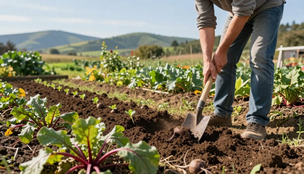 A vibrant garden scene focusing on the preparation of soil after harvesting beets. In the foreground, a gardener in modest casual clothing is using a spade to aerate the rich, dark soil, surrounded by remnants of beet foliage. In the middle ground, freshly turned earth is visible, interspersed with organic compost and small seedlings waiting to be planted for the next rotation. In the background, a serene landscape with green hills and a clear blue sky sets a calming atmosphere. Soft, natural sunlight illuminates the scene, casting gentle shadows and highlighting the textures of the soil and plants. The overall mood is one of tranquility and productivity, capturing the essence of responsible gardening and soil management. A vibrant garden scene focusing on the preparation of soil after harvesting beets. In the foreground, a gardener in modest casual clothing is using a spade to aerate the rich, dark soil, surrounded by remnants of beet foliage. In the middle ground, freshly turned earth is visible, interspersed with organic compost and small seedlings waiting to be planted for the next rotation. In the background, a serene landscape with green hills and a clear blue sky sets a calming atmosphere. Soft, natural sunlight illuminates the scene, casting gentle shadows and highlighting the textures of the soil and plants. The overall mood is one of tranquility and productivity, capturing the essence of responsible gardening and soil management.