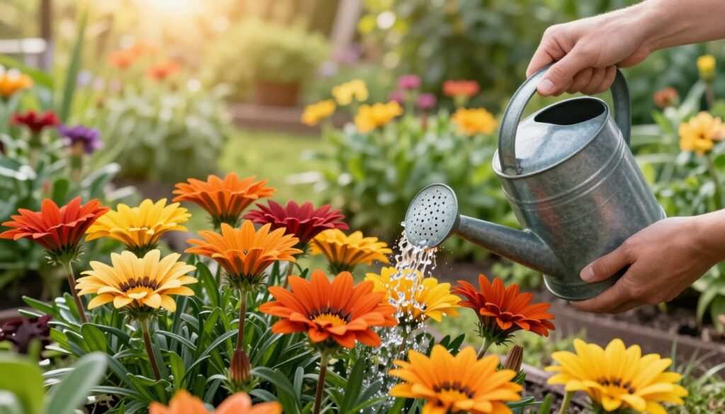 A vibrant garden scene showcasing a gardener gently watering gazania plants. In the foreground, a pair of hands holds a watering can, with water streaming down onto the colorful gazania flowers, which display their characteristic bright orange, yellow, and red hues. In the middle, the gazanias bloom lushly, nestled in rich green foliage. The background features a sunny garden setting with blurred greenery and soft floral colors, creating a serene atmosphere. Golden sunlight filters through the leaves, casting gentle shadows. The image should evoke a sense of care and nurturing, emphasizing the important task of watering for optimal flower growth. Use a slightly angled perspective to capture the depth of the garden scene. A vibrant garden scene showcasing a gardener gently watering gazania plants. In the foreground, a pair of hands holds a watering can, with water streaming down onto the colorful gazania flowers, which display their characteristic bright orange, yellow, and red hues. In the middle, the gazanias bloom lushly, nestled in rich green foliage. The background features a sunny garden setting with blurred greenery and soft floral colors, creating a serene atmosphere. Golden sunlight filters through the leaves, casting gentle shadows. The image should evoke a sense of care and nurturing, emphasizing the important task of watering for optimal flower growth. Use a slightly angled perspective to capture the depth of the garden scene.
