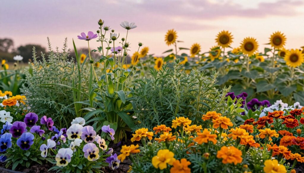 A vibrant garden scene showcasing a variety of flowers suitable for planting in April, intended to bloom from summer through frost. In the foreground, colorful blossoms such as pansies, calendulas, and marigolds add an explosion of color, dew glistening on their petals in the warm sunlight. The middle ground features lush green foliage and herbaceous plants with varying heights, providing depth and layering. In the background, a soft-focus of tall sunflowers and cosmos sway gently in a light breeze under a sky painted with soft pastel hues of dawn. The atmosphere is serene and inviting, capturing the essence of a flourishing spring garden. The soft lighting casts gentle shadows, enhancing the natural beauty of the scene.
