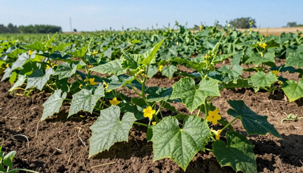 A vibrant garden scene showcasing healthy, green cucumber plants thriving in rich, dark soil. In the foreground, focus on the lush, sprawling vines with large, deep green leaves and bright yellow flowers. The middle ground features rows of well-tended cucumber plants, emphasizing organized growth in fertile earth. In the background, a clear blue sky with gentle sunlight illuminates the landscape, casting soft shadows that enhance the textures of the soil and foliage. The atmosphere is one of abundance and vitality, evoking a sense of nurturing and growth, perfect for producing quick germination and bountiful yields. The image should capture the essence of ideal soil conditions for cucumbers, without any human presence or text overlays. A vibrant garden scene showcasing healthy, green cucumber plants thriving in rich, dark soil. In the foreground, focus on the lush, sprawling vines with large, deep green leaves and bright yellow flowers. The middle ground features rows of well-tended cucumber plants, emphasizing organized growth in fertile earth. In the background, a clear blue sky with gentle sunlight illuminates the landscape, casting soft shadows that enhance the textures of the soil and foliage. The atmosphere is one of abundance and vitality, evoking a sense of nurturing and growth, perfect for producing quick germination and bountiful yields. The image should capture the essence of ideal soil conditions for cucumbers, without any human presence or text overlays.