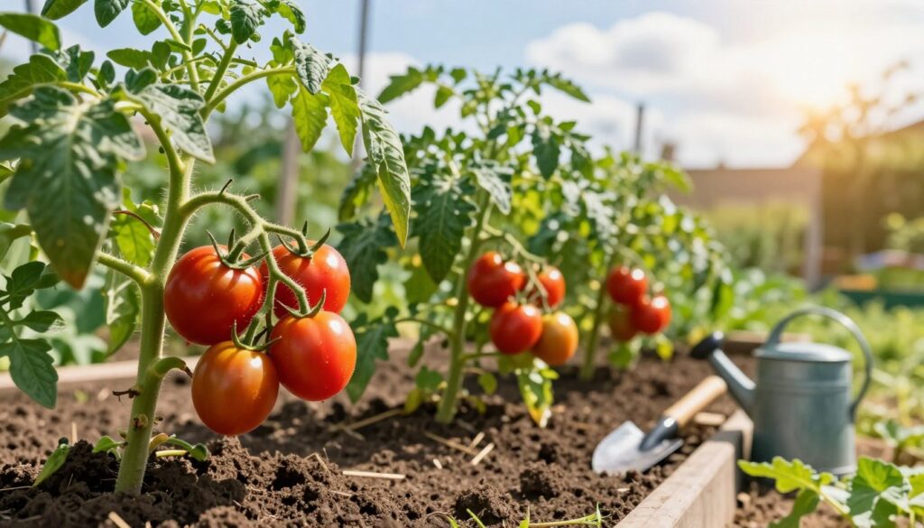 A vibrant garden scene showcasing lush tomato plants (pomidory w gruncie) thriving in rich, fertile soil. In the foreground, ripe cherry tomatoes dangle from green vines, glistening in the sunlight. The middle ground features a well-tended vegetable bed with healthy tomato plants, showcasing strong stems and bright green foliage. A few small gardening tools, like a trowel and watering can, are subtly placed nearby to suggest cultivation. The background reveals a warm, sunlit sky with soft, fluffy clouds, evoking a serene summer day. The image is captured with a slightly shallow depth of field to emphasize the tomatoes in the foreground while softly blurring the background. Overall, the mood is cheerful and productive, inspiring the viewer to cultivate their own successful tomato plants. A vibrant garden scene showcasing lush tomato plants (pomidory w gruncie) thriving in rich, fertile soil. In the foreground, ripe cherry tomatoes dangle from green vines, glistening in the sunlight. The middle ground features a well-tended vegetable bed with healthy tomato plants, showcasing strong stems and bright green foliage. A few small gardening tools, like a trowel and watering can, are subtly placed nearby to suggest cultivation. The background reveals a warm, sunlit sky with soft, fluffy clouds, evoking a serene summer day. The image is captured with a slightly shallow depth of field to emphasize the tomatoes in the foreground while softly blurring the background. Overall, the mood is cheerful and productive, inspiring the viewer to cultivate their own successful tomato plants.