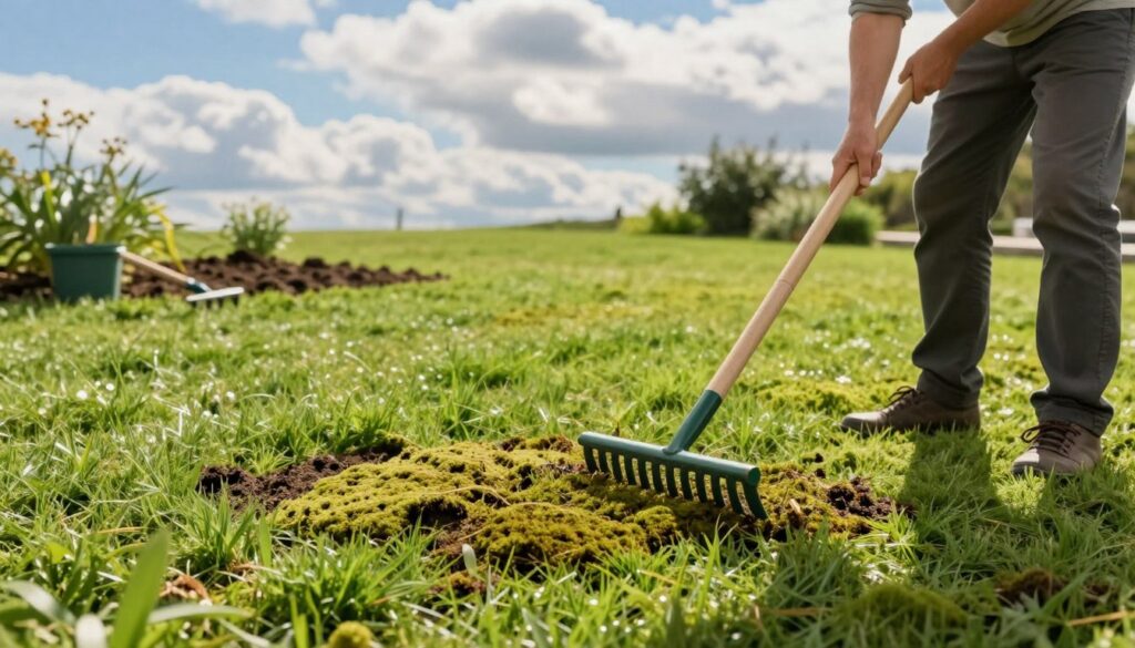 A vibrant green lawn being prepared for treatment against moss, showcasing a well-maintained outdoor garden. In the foreground, a gardener in modest casual clothing is using a rake to remove dead grass and moss, focusing on the task with determination. The middle ground features lush patches of grass, some areas disrupted to reveal the soil underneath, and gardening tools scattered around. In the background, a bright blue sky with soft, fluffy clouds casts a warm, inviting light, creating a serene atmosphere. The overall mood is proactive and productive, emphasizing the importance of proper lawn care before applying moss treatment. The image captures the essence of preparation and maintenance, highlighting the beauty of a healthy lawn. A vibrant green lawn being prepared for treatment against moss, showcasing a well-maintained outdoor garden. In the foreground, a gardener in modest casual clothing is using a rake to remove dead grass and moss, focusing on the task with determination. The middle ground features lush patches of grass, some areas disrupted to reveal the soil underneath, and gardening tools scattered around. In the background, a bright blue sky with soft, fluffy clouds casts a warm, inviting light, creating a serene atmosphere. The overall mood is proactive and productive, emphasizing the importance of proper lawn care before applying moss treatment. The image captures the essence of preparation and maintenance, highlighting the beauty of a healthy lawn.
