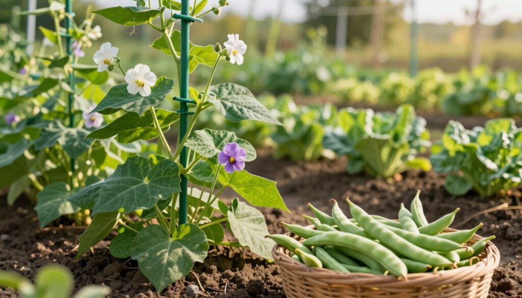 A vibrant green trellis supporting lush green bean plants, showcasing the delicate white and purple flowers near the top. In the foreground, a basket filled with freshly harvested green beans glimmers in soft morning light. The scene captures the sunny outdoor garden setting, with rich, dark soil visible below. In the background, soft-focus rows of other vegetable plants can be seen, emphasizing a well-maintained garden. The composition should have a warm and inviting atmosphere, with natural sunlight casting gentle shadows. The depth of field should highlight the beans and trellis while softly blurring the background, creating a peaceful yet productive gardening scene.