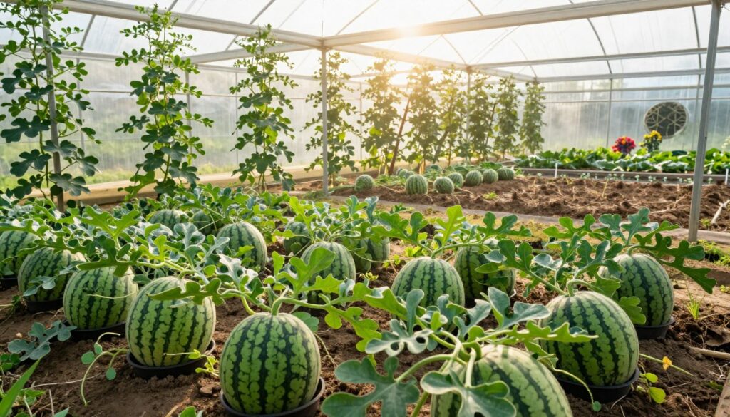 A vibrant greenhouse scene depicting watermelon cultivation in various growing methods. In the foreground, there are lush watermelon plants in pots, with ripe melons visible among verdant green leaves. In the middle ground, a spacious tunnel greenhouse reveals rows of healthy watermelon vines supported by trellises, with soft light filtering through transparent plastic. The background features an outdoor garden area with soil beds, showcasing traditional ground cultivation of watermelon, surrounded by a few decorative elements like colorful flowers. The lighting is warm and natural, mimicking a sunny day, while a slight fog adds depth to the atmosphere, evoking a sense of productivity and growth in a serene agricultural setting.