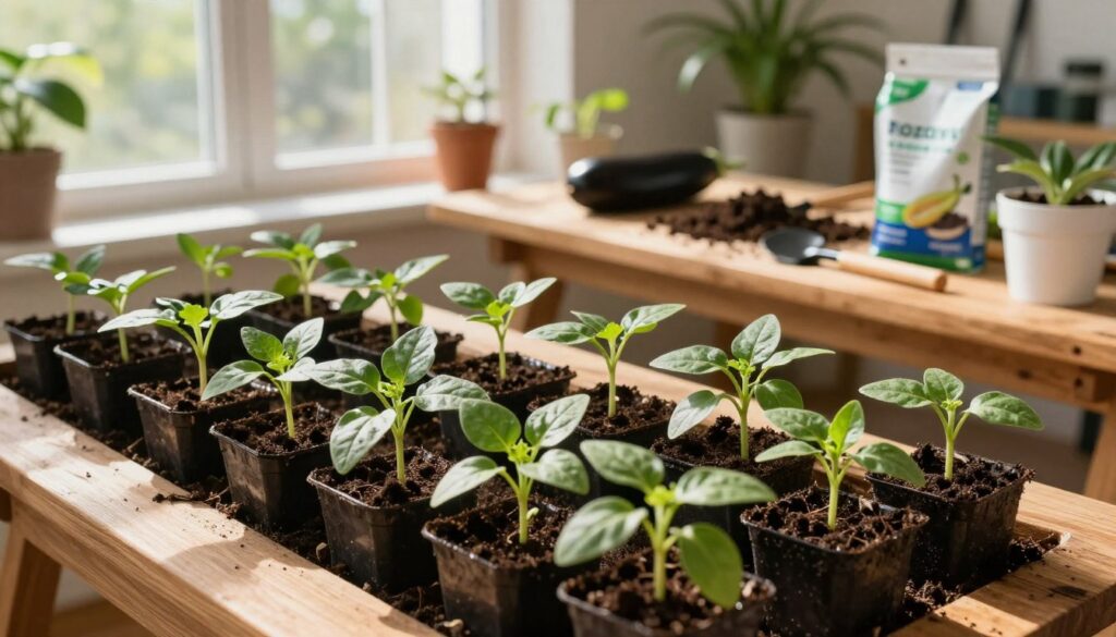 A vibrant indoor gardening scene showcasing healthy eggplant seedlings, or "rozsady," flourishing under bright, warm grow lights. In the foreground, a variety of seedlings with deep green leaves and glossy textures are arranged in neat rows, each in individual pots filled with rich, dark soil. The middle ground features a sturdy wooden table adorned with gardening tools and nutrient-rich soil amendments, emphasizing the nurturing process. In the background, large windows allow natural light to flood the room, enhancing the lively atmosphere with gentle sunbeams. Soft shadows play across the scene, creating a calm, inviting mood that highlights the importance of light, warmth, and proper feeding for strong plant growth. The angle captures the lush greenery from a slightly elevated perspective, emphasizing the thriving environment.