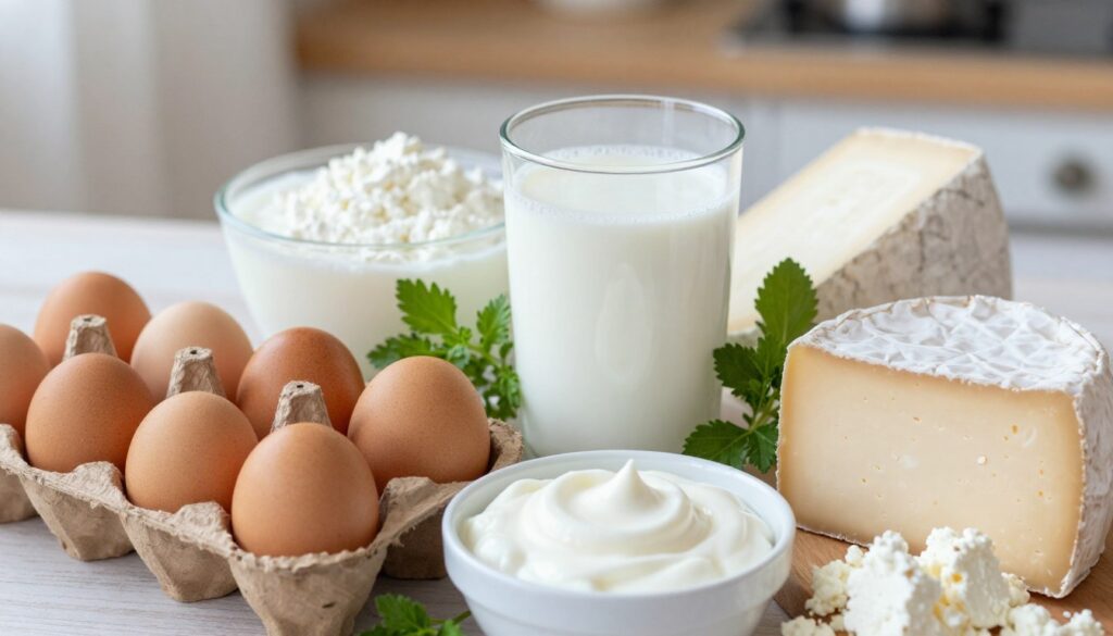 A vibrant, inviting still life featuring a variety of dairy products and eggs rich in protein. In the foreground, include a selection of fresh eggs in a rustic wooden egg holder, alongside a wheel of cheese, a small bowl of Greek yogurt, and some cottage cheese. In the middle, place a glass of milk with a slightly frothy top, surrounded by sprigs of fresh herbs for added texture. The background should be softly blurred, hinting at a kitchen setting with warm, natural light illuminating the scene, creating a cozy atmosphere. Use a slight overhead angle to capture the arrangement and ensure a clean, appealing look with a focus on textures and colors that highlight the protein-rich theme. A vibrant, inviting still life featuring a variety of dairy products and eggs rich in protein. In the foreground, include a selection of fresh eggs in a rustic wooden egg holder, alongside a wheel of cheese, a small bowl of Greek yogurt, and some cottage cheese. In the middle, place a glass of milk with a slightly frothy top, surrounded by sprigs of fresh herbs for added texture. The background should be softly blurred, hinting at a kitchen setting with warm, natural light illuminating the scene, creating a cozy atmosphere. Use a slight overhead angle to capture the arrangement and ensure a clean, appealing look with a focus on textures and colors that highlight the protein-rich theme.