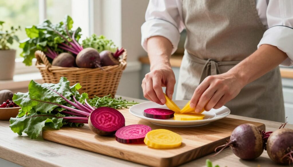 A vibrant kitchen scene showcasing the culinary use of young and mature beets. In the foreground, a wooden cutting board displays freshly sliced beets, both pink and yellow varieties, alongside a handful of vibrant greens. In the middle, a skilled chef, wearing a professional apron, arranges the beets artistically on a white plate, demonstrating various cooking techniques. In the background, a sunlit window highlights a basket filled with whole beets and cooking herbs, creating a warm and inviting atmosphere. Soft, natural lighting enhances the rich colors of the beets, while a rustic kitchen setting adds to the homely feel. The overall mood is cozy and inspiring, inviting viewers to explore the culinary possibilities of beets. A vibrant kitchen scene showcasing the culinary use of young and mature beets. In the foreground, a wooden cutting board displays freshly sliced beets, both pink and yellow varieties, alongside a handful of vibrant greens. In the middle, a skilled chef, wearing a professional apron, arranges the beets artistically on a white plate, demonstrating various cooking techniques. In the background, a sunlit window highlights a basket filled with whole beets and cooking herbs, creating a warm and inviting atmosphere. Soft, natural lighting enhances the rich colors of the beets, while a rustic kitchen setting adds to the homely feel. The overall mood is cozy and inspiring, inviting viewers to explore the culinary possibilities of beets.