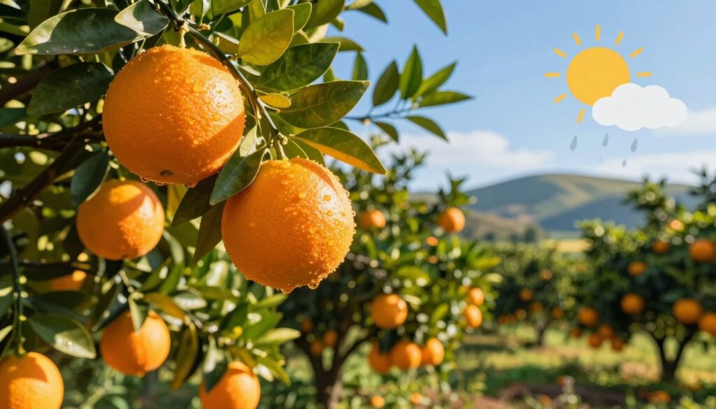 A vibrant orange grove under a bright blue sky, showcasing lush orange trees heavy with ripe, juicy fruit. In the foreground, a close-up of a single orange, glistening with dew, emphasizing its texture and freshness. The middle ground features a variety of oranges hanging from branches, surrounded by green leaves glowing in the sunlight. In the background, gentle rolling hills hint at the diverse climates where oranges thrive, with illustrations of sun and rainfall affecting the oranges' growth. The scene is bathed in warm, golden light to evoke a sense of warmth and vitality typical of orange-growing regions. The overall mood is inviting and cheerful, highlighting the relationship between climate and the quality of the fruit.
