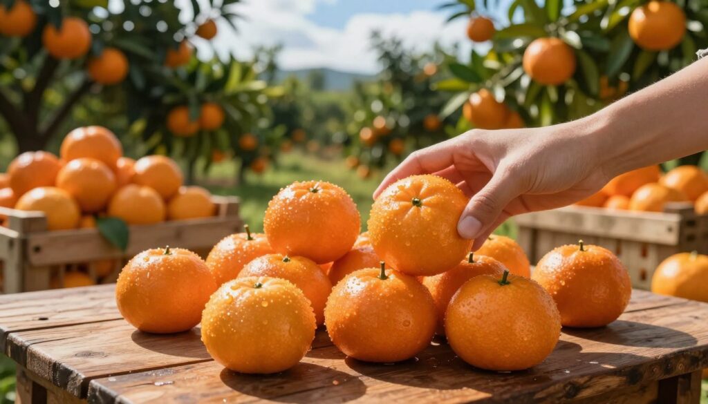 A vibrant scene depicting an abundance of bright, fresh tangerines piled on a rustic wooden table, glistening with morning dew. In the foreground, a hand reaches out to select the juiciest tangerine, emphasizing the tactile nature of the fruit. The middle ground features crates overflowing with these citrus delights, showcasing their lush color and variety. In the background, a sun-drenched orchard of tangerine trees laden with ripe fruit stretches out under a blue sky dotted with soft white clouds, hinting at the seasonal theme. The warm, golden light of midday casts soft shadows, creating a welcoming and cheerful atmosphere that invites viewers into the bounty of the harvest season. The image should focus on the natural beauty and availability of tangerines, evoking feelings of freshness and seasonal delight. A vibrant scene depicting an abundance of bright, fresh tangerines piled on a rustic wooden table, glistening with morning dew. In the foreground, a hand reaches out to select the juiciest tangerine, emphasizing the tactile nature of the fruit. The middle ground features crates overflowing with these citrus delights, showcasing their lush color and variety. In the background, a sun-drenched orchard of tangerine trees laden with ripe fruit stretches out under a blue sky dotted with soft white clouds, hinting at the seasonal theme. The warm, golden light of midday casts soft shadows, creating a welcoming and cheerful atmosphere that invites viewers into the bounty of the harvest season. The image should focus on the natural beauty and availability of tangerines, evoking feelings of freshness and seasonal delight.