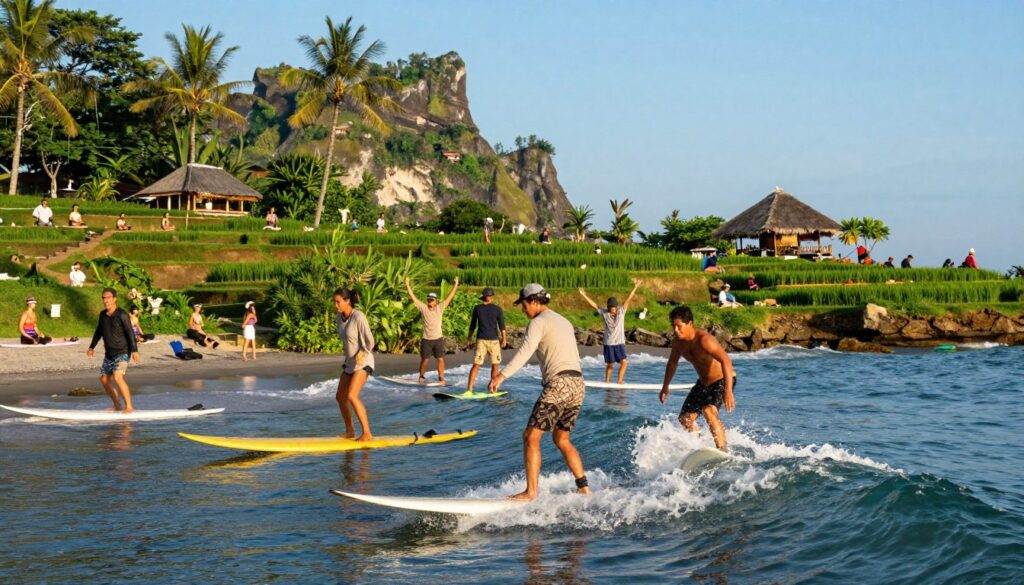 A vibrant scene depicting various activities in Bali during September, capturing the essence of the island's natural beauty. In the foreground, a group of tourists, dressed in casual, modest clothing, are engaging in surfing on gentle waves, surrounded by surfboards. The middle section showcases a lush green landscape with terraced rice fields and people practicing yoga under a clear blue sky. In the background, majestic cliffs rise above a sparkling azure ocean, with a few traditional Balinese huts dotting the coastline. The lighting is warm and inviting, reflecting a late afternoon sun with soft shadows. The overall atmosphere is joyful and active, conveying a sense of adventure and relaxation.