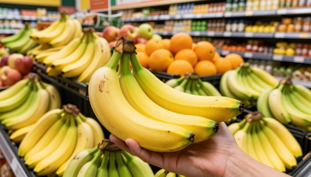A vibrant scene of a well-lit grocery store aisle filled with fresh bananas in various stages of ripeness, showcasing their bright yellow and green hues. In the foreground, a close-up of a hand gently selecting a perfectly ripe banana, highlighting the smooth texture and small brown spots that indicate its readiness. In the middle ground, other produce, such as apples and oranges, creates a colorful contrast while shelves stocked with international banana varieties can be seen. The background features soft, warm lighting to create an inviting atmosphere, emphasizing the freshness of the produce. The angle captures a wide view of the aisle, inviting viewers into this inviting and vibrant shopping experience. A vibrant scene of a well-lit grocery store aisle filled with fresh bananas in various stages of ripeness, showcasing their bright yellow and green hues. In the foreground, a close-up of a hand gently selecting a perfectly ripe banana, highlighting the smooth texture and small brown spots that indicate its readiness. In the middle ground, other produce, such as apples and oranges, creates a colorful contrast while shelves stocked with international banana varieties can be seen. The background features soft, warm lighting to create an inviting atmosphere, emphasizing the freshness of the produce. The angle captures a wide view of the aisle, inviting viewers into this inviting and vibrant shopping experience.