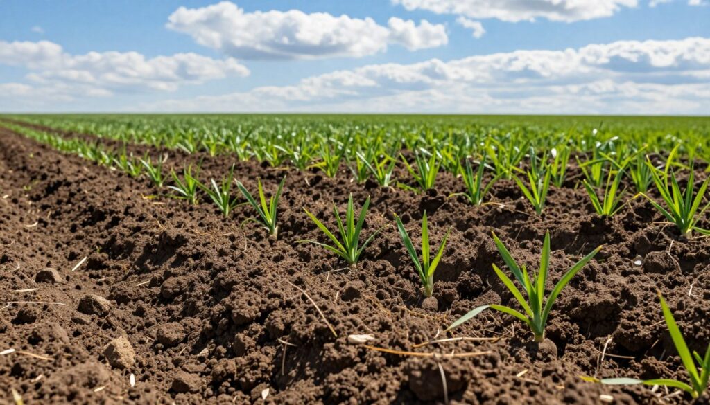 A vibrant spring landscape showcasing fertile soil ideal for sowing winter spelt. In the foreground, richly textured dark brown soil, freshly tilled and moist, revealing its organic richness. The middle ground features green sprouts of wheat emerging, indicating a thriving productive environment. In the background, a clear blue sky with soft white clouds allows sunlight to shine down, enhancing the colors of the landscape. The scene captures a serene atmosphere of growth and potential, with a focus on the essential elements of soil quality, pH balance, and adequate moisture for successful crop cultivation. Use natural lighting to highlight the nutrient-rich soil under a softly diffused sun, creating an inviting landscape. Aim for a perspective that emphasizes the depth of the soil and the healthy growth of the plants. A vibrant spring landscape showcasing fertile soil ideal for sowing winter spelt. In the foreground, richly textured dark brown soil, freshly tilled and moist, revealing its organic richness. The middle ground features green sprouts of wheat emerging, indicating a thriving productive environment. In the background, a clear blue sky with soft white clouds allows sunlight to shine down, enhancing the colors of the landscape. The scene captures a serene atmosphere of growth and potential, with a focus on the essential elements of soil quality, pH balance, and adequate moisture for successful crop cultivation. Use natural lighting to highlight the nutrient-rich soil under a softly diffused sun, creating an inviting landscape. Aim for a perspective that emphasizes the depth of the soil and the healthy growth of the plants.