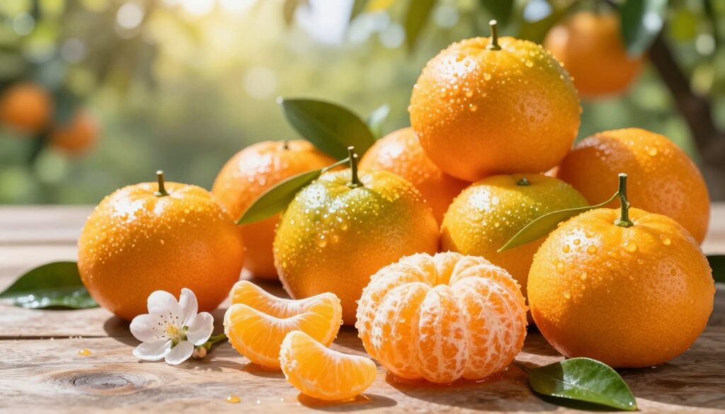 A vibrant still life arrangement of fresh, ripe mandarins showcasing their various shades from bright orange to deep yellow, glistening with droplets of water. In the foreground, display a few peeled mandarins, exposing their juicy, succulent segments. The middle ground features whole mandarins nestled among green leaves and scattered blossoms to symbolize seasonal growth. In the background, softly blurred, hint at a sunlit orchard, with dappled sunlight filtering through the leaves, casting gentle shadows and enhancing the warmth of the scene. Use soft natural lighting to create an inviting atmosphere, evoking the sweetness and freshness of the fruit. Capture the image with a shallow depth of field and from a slightly elevated angle to emphasize the textures and colors of the mandarins. A vibrant still life arrangement of fresh, ripe mandarins showcasing their various shades from bright orange to deep yellow, glistening with droplets of water. In the foreground, display a few peeled mandarins, exposing their juicy, succulent segments. The middle ground features whole mandarins nestled among green leaves and scattered blossoms to symbolize seasonal growth. In the background, softly blurred, hint at a sunlit orchard, with dappled sunlight filtering through the leaves, casting gentle shadows and enhancing the warmth of the scene. Use soft natural lighting to create an inviting atmosphere, evoking the sweetness and freshness of the fruit. Capture the image with a shallow depth of field and from a slightly elevated angle to emphasize the textures and colors of the mandarins.