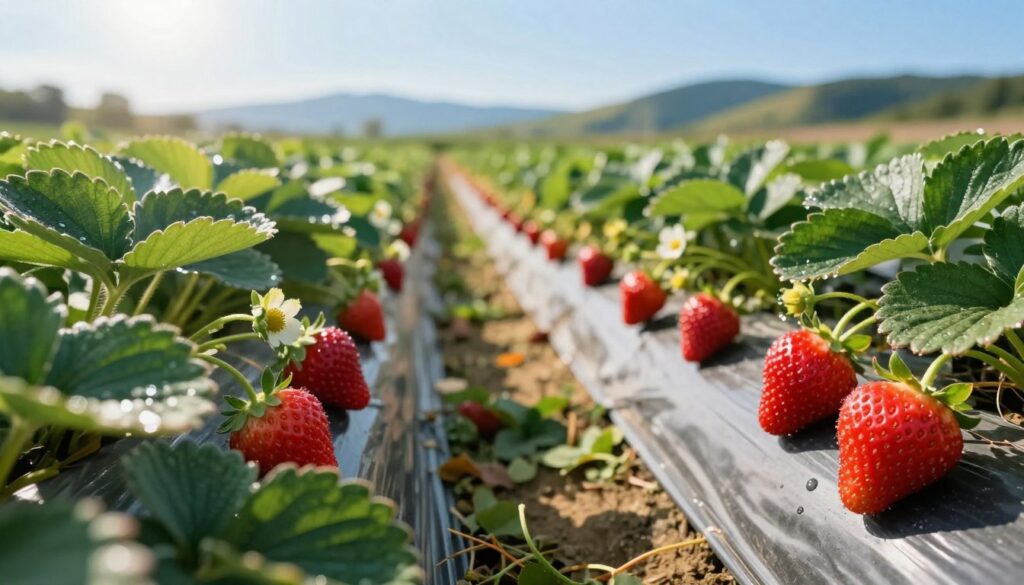 A vibrant strawberry field in full bloom, featuring abundant red strawberries nestled among lush green leaves. In the foreground, a close-up of juicy strawberries glistening with dew catches the morning light, emphasizing their freshness. In the middle ground, rows of strawberry plants stretch towards the horizon, showcasing different varieties with varying sizes and shapes under a bright sun. The background reveals a softly blurred landscape of rolling hills and a clear blue sky, suggesting a sunny day favorable for harvesting. The atmosphere is one of abundance and vitality, capturing the essence of the strawberry harvesting season. Use soft natural lighting and a slight depth-of-field effect to enhance the appeal of the fruit and the agricultural setting. A vibrant strawberry field in full bloom, featuring abundant red strawberries nestled among lush green leaves. In the foreground, a close-up of juicy strawberries glistening with dew catches the morning light, emphasizing their freshness. In the middle ground, rows of strawberry plants stretch towards the horizon, showcasing different varieties with varying sizes and shapes under a bright sun. The background reveals a softly blurred landscape of rolling hills and a clear blue sky, suggesting a sunny day favorable for harvesting. The atmosphere is one of abundance and vitality, capturing the essence of the strawberry harvesting season. Use soft natural lighting and a slight depth-of-field effect to enhance the appeal of the fruit and the agricultural setting.