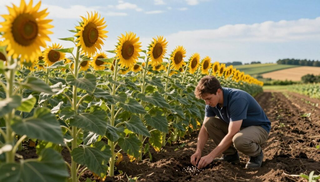 A vibrant sunflower field bathed in golden sunlight, showcasing healthy, tall sunflowers reaching towards the blue sky. In the foreground, a gardener kneels on rich, dark soil, planting sunflower seeds in well-prepared rows, illustrating proper planting techniques. The middle ground features lush green leaves and distinct sunflower clusters, all tilting slightly towards the light, symbolizing their need for optimal conditions. The background reveals a soft focus of a beautiful landscape, with rolling hills and a distant farm, suggesting an ideal growing environment. The scene is depicted with warm, natural lighting to evoke a sense of warmth and growth, captured with a slight depth of field to emphasize the foreground action. The atmosphere is peaceful and encouraging, perfect for illustrating proper sunflower cultivation conditions.