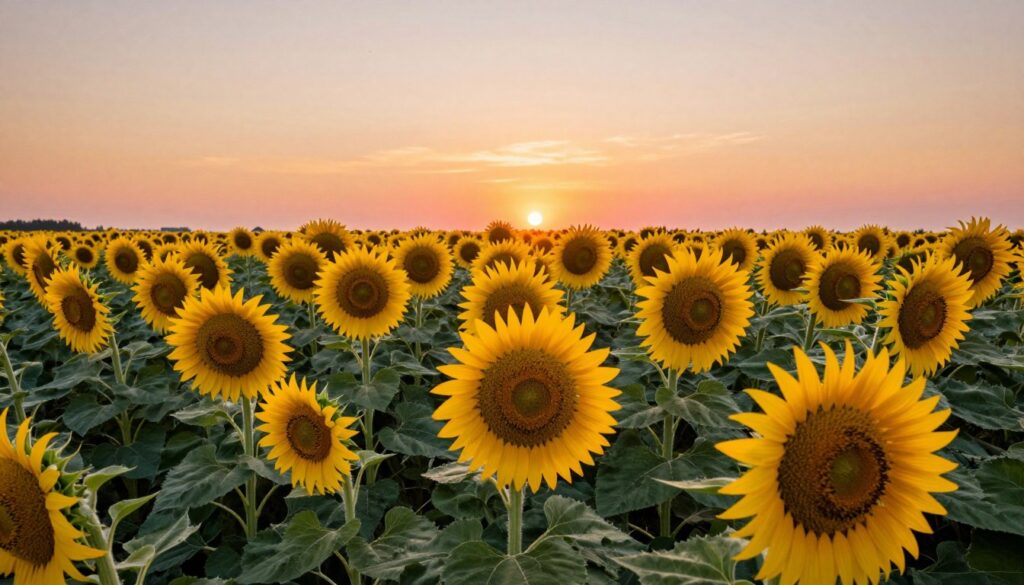 A vibrant sunflower field during the golden hour, capturing the beauty of sunflowers in full bloom. In the foreground, showcase bright yellow blossoms with large, round petals and dark centers that contrast against lush green leaves. In the middle ground, rows of sunflowers extend towards the horizon, bending slightly with the gentle breeze. The background features a warm sunset sky painted in hues of orange and pink, casting soft lighting across the scene, highlighting the intricate details of the sunflowers and creating a tranquil atmosphere. The composition should evoke a sense of growth and abundance, perfect for illustrating the theme of planting sunflowers. The angle is slightly elevated, providing a panoramic view of the field, emphasizing the scale of the sunflower crop. A vibrant sunflower field during the golden hour, capturing the beauty of sunflowers in full bloom. In the foreground, showcase bright yellow blossoms with large, round petals and dark centers that contrast against lush green leaves. In the middle ground, rows of sunflowers extend towards the horizon, bending slightly with the gentle breeze. The background features a warm sunset sky painted in hues of orange and pink, casting soft lighting across the scene, highlighting the intricate details of the sunflowers and creating a tranquil atmosphere. The composition should evoke a sense of growth and abundance, perfect for illustrating the theme of planting sunflowers. The angle is slightly elevated, providing a panoramic view of the field, emphasizing the scale of the sunflower crop.