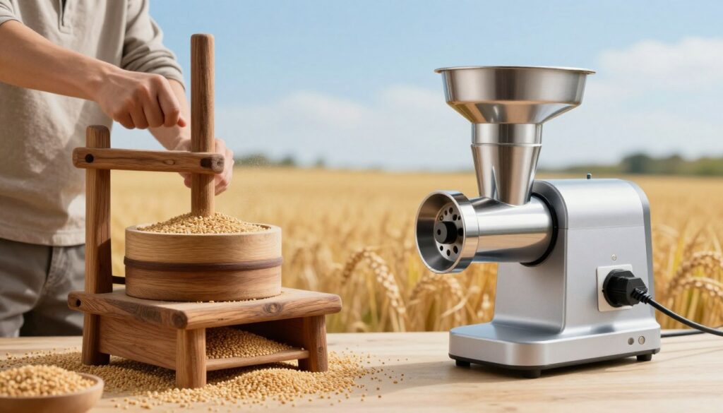 A visually engaging comparison scene featuring two distinct grain milling systems: a hand-operated grain mill on the left and an electric grain mill on the right. In the foreground, the hand mill, crafted from rustic wood with a traditional design, shows a person in modest casual clothing demonstrating its use, actively grinding grains. The electric mill, sleek and modern, contrasts its sophisticated metallic appearance and plugged into a nearby outlet. In the middle ground, a backdrop of golden grain fields under a bright blue sky captures the essence of agriculture. Soft, natural lighting highlights the textures of both machines, while a slightly elevated angle showcases their functionalities. The mood emphasizes practicality and innovation, inviting the viewer to consider the benefits and trade-offs of each milling method. A visually engaging comparison scene featuring two distinct grain milling systems: a hand-operated grain mill on the left and an electric grain mill on the right. In the foreground, the hand mill, crafted from rustic wood with a traditional design, shows a person in modest casual clothing demonstrating its use, actively grinding grains. The electric mill, sleek and modern, contrasts its sophisticated metallic appearance and plugged into a nearby outlet. In the middle ground, a backdrop of golden grain fields under a bright blue sky captures the essence of agriculture. Soft, natural lighting highlights the textures of both machines, while a slightly elevated angle showcases their functionalities. The mood emphasizes practicality and innovation, inviting the viewer to consider the benefits and trade-offs of each milling method.