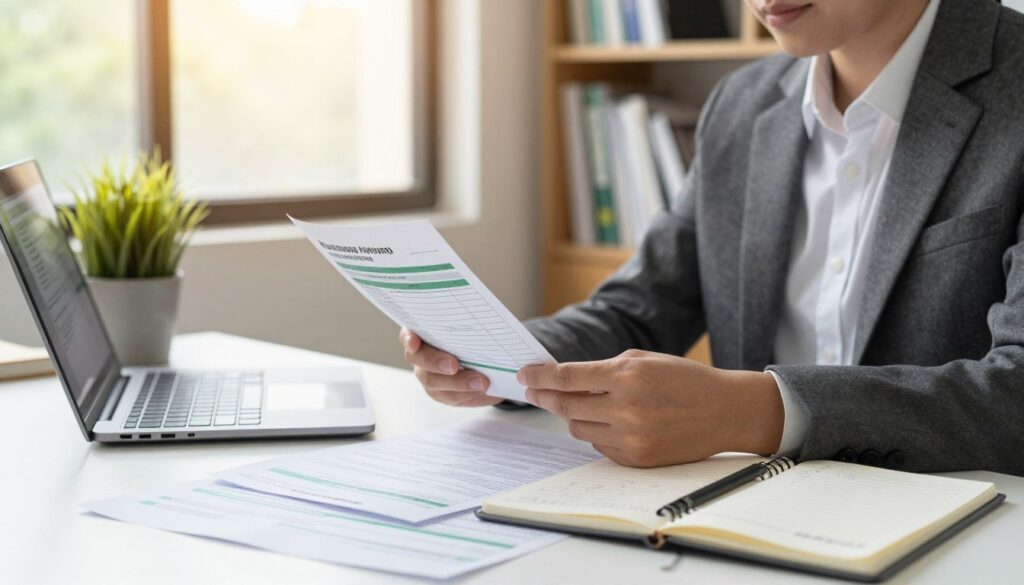 A visually engaging image depicting a professional office setting where a focused individual in smart casual attire is preparing a fertilizer purchase application. In the foreground, the person is seated at a desk cluttered with organized documents, a laptop open with spreadsheets visible, and a notepad filled with handwritten notes. In the middle ground, a large window lets in warm, natural light, creating a bright atmosphere. On the desk, a potted plant signifies the agricultural theme. In the background, shelves lined with books and agricultural resources add depth to the scene. The overall mood is one of diligence and preparation, capturing the importance of thoroughness in the application process.