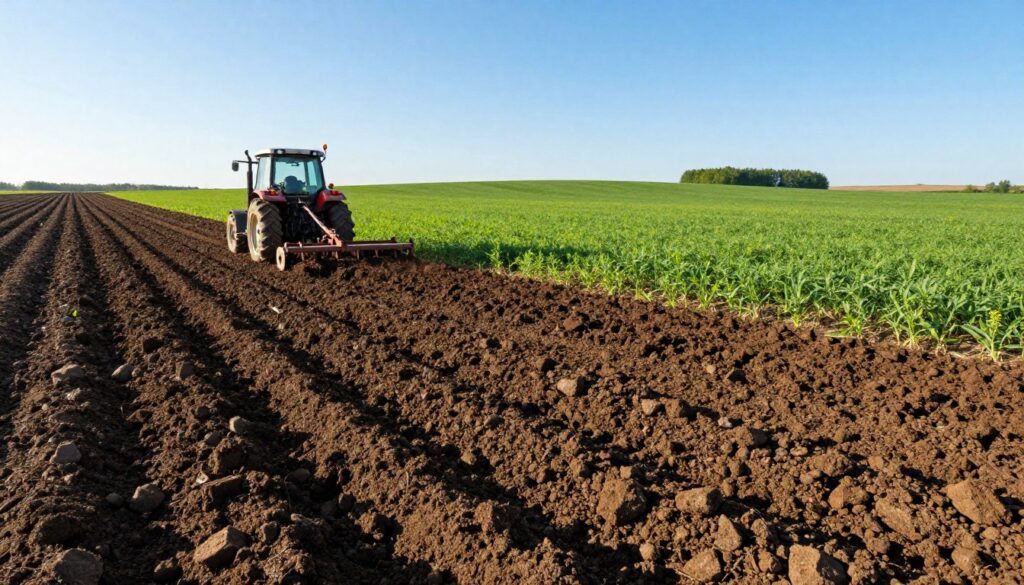 A vivid agricultural scene depicting post-harvest soil preparation for canola cultivation. In the foreground, freshly tilled soil with distinct clods, showcasing dark, rich earth glistening under the afternoon sunlight. A small farm tractor and a plow are actively engaged in soil turning, emphasizing the theme of post-harvest tillage. In the middle ground, rows of vibrant green canola plants are just starting to grow, indicating renewal and preparation. The background features a clear blue sky and gently rolling fields, stretching towards a distant horizon lined with trees. The atmosphere is bright and optimistic, suggesting productivity and anticipation for the new planting season. The scene is captured with a wide-angle lens, enhancing the depth and clarity of the rural landscape. A vivid agricultural scene depicting post-harvest soil preparation for canola cultivation. In the foreground, freshly tilled soil with distinct clods, showcasing dark, rich earth glistening under the afternoon sunlight. A small farm tractor and a plow are actively engaged in soil turning, emphasizing the theme of post-harvest tillage. In the middle ground, rows of vibrant green canola plants are just starting to grow, indicating renewal and preparation. The background features a clear blue sky and gently rolling fields, stretching towards a distant horizon lined with trees. The atmosphere is bright and optimistic, suggesting productivity and anticipation for the new planting season. The scene is captured with a wide-angle lens, enhancing the depth and clarity of the rural landscape.