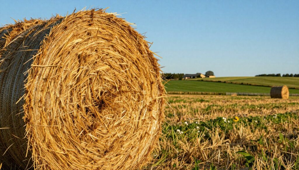 A vivid close-up of a freshly harvested hay bale, showcasing its textured surface and rich golden hue. The foreground features the hay bale, with strands of grass peeking out, emphasizing its dense and compact form. In the middle, a lush countryside scene unfolds, with rolling green fields and a clear blue sky, creating a sense of tranquility. The sunlight casts warm, soft shadows that highlight the bale's details, while a few scattered wildflowers add color. In the background, distant farm buildings and a fence hint at agricultural life. The mood is peaceful, evoking the rustic charm of the countryside, ideal for a section discussing hay bale weight variations based on density and moisture.