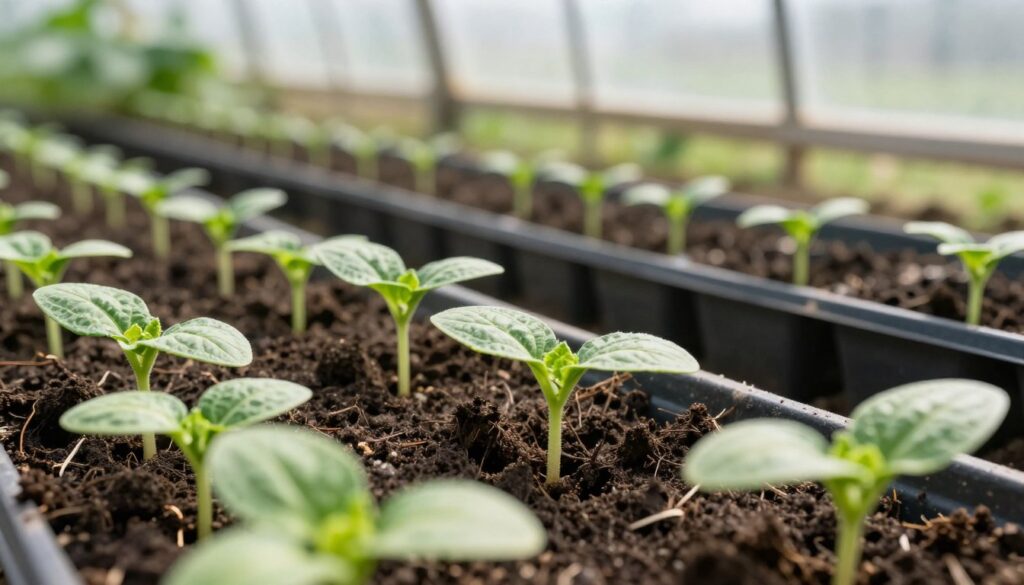 A well-arranged garden scene showcasing cucumber seedlings, carefully placed in rich, dark soil within small seedling trays. In the foreground, focus on vibrant green seedlings lush with healthy leaves, bathed in soft, natural sunlight. The middle ground reveals a series of neatly organized trays, each filled with consistent rows of identical seedlings, accentuating the idea of even growth. In the background, blurred outlines of a greenhouse, bright and airy, with gentle light streaming through transparent panels, creating a serene and hopeful atmosphere. The angle is slightly overhead, capturing the delicate textures of the leaves and the soil, while enhancing the nurturing vibe of spring gardening. The overall mood is positive and tranquil, inspiring a sense of growth and care. A well-arranged garden scene showcasing cucumber seedlings, carefully placed in rich, dark soil within small seedling trays. In the foreground, focus on vibrant green seedlings lush with healthy leaves, bathed in soft, natural sunlight. The middle ground reveals a series of neatly organized trays, each filled with consistent rows of identical seedlings, accentuating the idea of even growth. In the background, blurred outlines of a greenhouse, bright and airy, with gentle light streaming through transparent panels, creating a serene and hopeful atmosphere. The angle is slightly overhead, capturing the delicate textures of the leaves and the soil, while enhancing the nurturing vibe of spring gardening. The overall mood is positive and tranquil, inspiring a sense of growth and care.