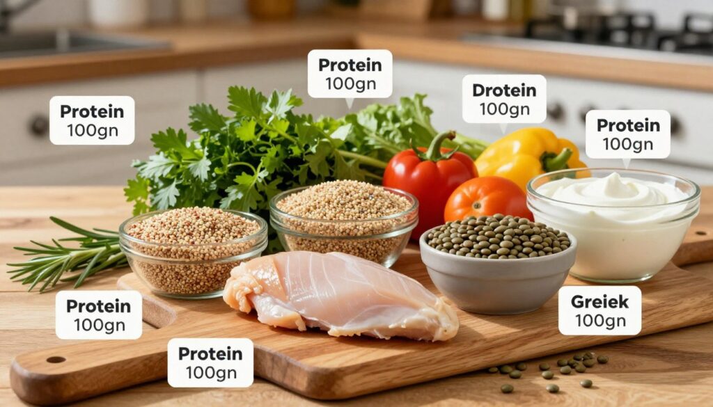 A well-organized and visually engaging composition showcasing a variety of protein-rich foods, each labeled with their protein content per 100 grams. In the foreground, display a vibrant selection of foods like chicken breast, quinoa, lentils, and Greek yogurt, artfully arranged on a wooden cutting board. In the middle ground, include fresh herbs and a few colorful vegetables to enhance the appeal, with soft natural lighting casting gentle shadows. In the background, a rustic kitchen setting with warm tones and wooden textures creates a cozy atmosphere. The image should evoke a sense of healthiness and vitality, inviting viewers to consider their dietary choices without any textual distractions. Use a slight overhead angle to capture the entire layout effectively, emphasizing the variety and protein content of the foods. A well-organized and visually engaging composition showcasing a variety of protein-rich foods, each labeled with their protein content per 100 grams. In the foreground, display a vibrant selection of foods like chicken breast, quinoa, lentils, and Greek yogurt, artfully arranged on a wooden cutting board. In the middle ground, include fresh herbs and a few colorful vegetables to enhance the appeal, with soft natural lighting casting gentle shadows. In the background, a rustic kitchen setting with warm tones and wooden textures creates a cozy atmosphere. The image should evoke a sense of healthiness and vitality, inviting viewers to consider their dietary choices without any textual distractions. Use a slight overhead angle to capture the entire layout effectively, emphasizing the variety and protein content of the foods.