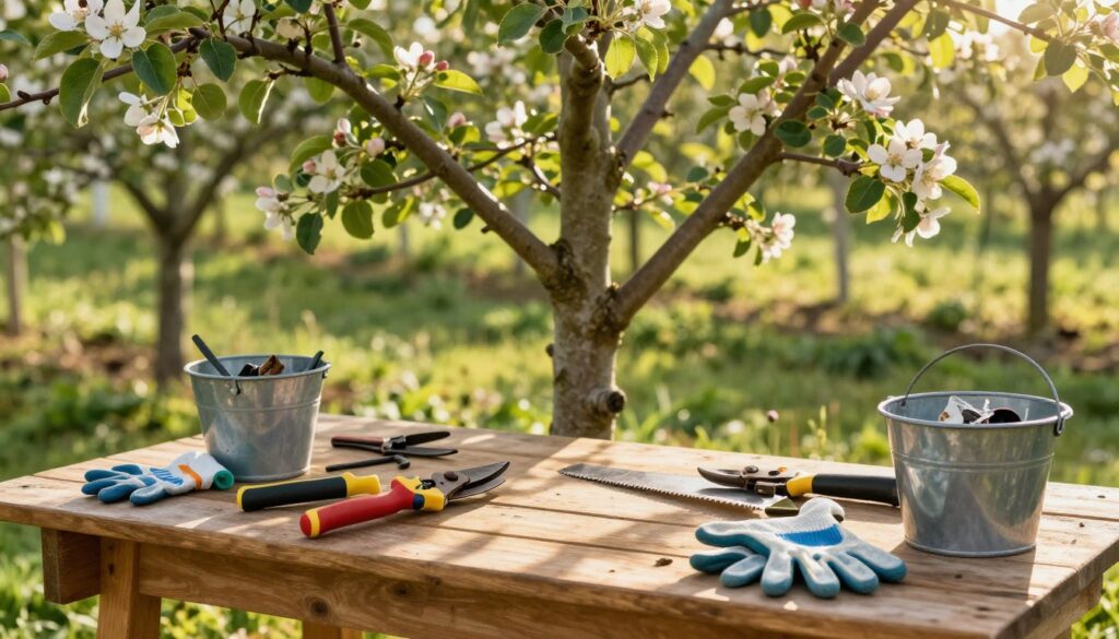 A well-organized gardening workspace featuring essential apple tree pruning tools such as hand pruners, loppers, and a saw. In the foreground, display a wooden workbench cluttered with these tools, arranged neatly with some pruning gloves and a small bucket for debris. The middle ground should include an apple tree, showcasing its branches needing careful trimming. Illuminate the scene with warm, natural sunlight filtering through leaves, creating a dappled light effect. In the background, hint at an orchard landscape filled with apple trees, their blossoms hinting at a fruitful season. The atmosphere should feel serene and focused, inviting readers into the process of maintenance and care. Aim for a realistic style, capturing fine details of rust on tools and vibrant green foliage. A well-organized gardening workspace featuring essential apple tree pruning tools such as hand pruners, loppers, and a saw. In the foreground, display a wooden workbench cluttered with these tools, arranged neatly with some pruning gloves and a small bucket for debris. The middle ground should include an apple tree, showcasing its branches needing careful trimming. Illuminate the scene with warm, natural sunlight filtering through leaves, creating a dappled light effect. In the background, hint at an orchard landscape filled with apple trees, their blossoms hinting at a fruitful season. The atmosphere should feel serene and focused, inviting readers into the process of maintenance and care. Aim for a realistic style, capturing fine details of rust on tools and vibrant green foliage.