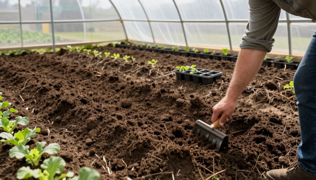 A well-prepared soil bed in a plastic tunnel greenhouse, showcasing dark, rich loamy soil ready for planting. In the foreground, a gardener in modest casual attire is gently raking the soil, highlighting the texture and fertility of the earth. In the middle ground, rows of freshly broken earth with small seedling trays awaiting placement can be seen, hinting at the upcoming vegetable cultivation season. The background features the translucent plastic cover of the tunnel, softly diffusing natural sunlight, creating a warm and inviting atmosphere. The scene captures a sense of renewal and preparation, as vibrant green plants begin to sprout along the edges, reflecting an early spring growing mood. The angle is slightly elevated, providing a comprehensive view of the soil preparation process within the cozy tunnel setting. A well-prepared soil bed in a plastic tunnel greenhouse, showcasing dark, rich loamy soil ready for planting. In the foreground, a gardener in modest casual attire is gently raking the soil, highlighting the texture and fertility of the earth. In the middle ground, rows of freshly broken earth with small seedling trays awaiting placement can be seen, hinting at the upcoming vegetable cultivation season. The background features the translucent plastic cover of the tunnel, softly diffusing natural sunlight, creating a warm and inviting atmosphere. The scene captures a sense of renewal and preparation, as vibrant green plants begin to sprout along the edges, reflecting an early spring growing mood. The angle is slightly elevated, providing a comprehensive view of the soil preparation process within the cozy tunnel setting.