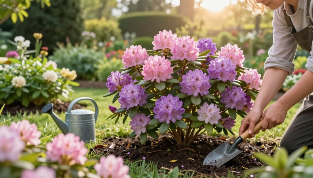 A well-tended garden scene featuring vibrant, blooming rhododendrons in various shades of pink and purple. In the foreground, a gardener, dressed in modest attire, is seen applying fertilizer to the soil around the plants with a small hand trowel. The middle ground showcases lush greenery, additional flower beds, and a watering can nearby, emphasizing the gardening theme. In the background, gentle sunlight filters through the trees, casting a warm, inviting glow over the scene. The atmosphere is serene and peaceful, capturing the essence of a well-maintained garden, ideal for nurturing these beautiful flowering shrubs. The composition should have a soft focus to evoke a tranquil, nurturing feeling.