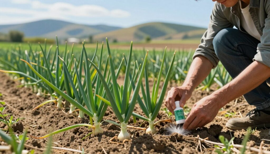 A well-tended onion field in late spring, showing rows of vibrant green onion plants ready for harvesting. In the foreground, a gardener in modest casual clothing kneels near a planting bed, applying organic fertilizer, with a focus on the soil and the care process. The middle ground highlights the healthy onion plants, lush and thriving, highlighting their robust growth. In the background, soft rolling hills and a bright blue sky. The sunlight casts warm, inviting tones across the scene, creating a productive and serene atmosphere. The angle captures the gardener’s diligent work and the vitality of the onion plants, emphasizing the theme of effective fertilization techniques. A well-tended onion field in late spring, showing rows of vibrant green onion plants ready for harvesting. In the foreground, a gardener in modest casual clothing kneels near a planting bed, applying organic fertilizer, with a focus on the soil and the care process. The middle ground highlights the healthy onion plants, lush and thriving, highlighting their robust growth. In the background, soft rolling hills and a bright blue sky. The sunlight casts warm, inviting tones across the scene, creating a productive and serene atmosphere. The angle captures the gardener’s diligent work and the vitality of the onion plants, emphasizing the theme of effective fertilization techniques.