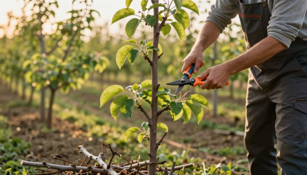 A young apple tree in a lush orchard during the golden hour, showcasing careful pruning techniques. The foreground features a healthy sapling with vibrant green leaves, fresh cut branches, and a small pile of pruned twigs. The middle ground includes a gardener in professional attire, gently cutting branches with pruning shears. The background reveals a soft focus of rows of apple trees bathed in warm sunlight, casting gentle shadows on the ground. The atmosphere is serene and focused, emphasizing the importance of proper tree care in early growth stages. Soft, diffused lighting highlights the tree's natural beauty and the intricate details of the pruning process, creating a calming and inspiring scene. A young apple tree in a lush orchard during the golden hour, showcasing careful pruning techniques. The foreground features a healthy sapling with vibrant green leaves, fresh cut branches, and a small pile of pruned twigs. The middle ground includes a gardener in professional attire, gently cutting branches with pruning shears. The background reveals a soft focus of rows of apple trees bathed in warm sunlight, casting gentle shadows on the ground. The atmosphere is serene and focused, emphasizing the importance of proper tree care in early growth stages. Soft, diffused lighting highlights the tree's natural beauty and the intricate details of the pruning process, creating a calming and inspiring scene.