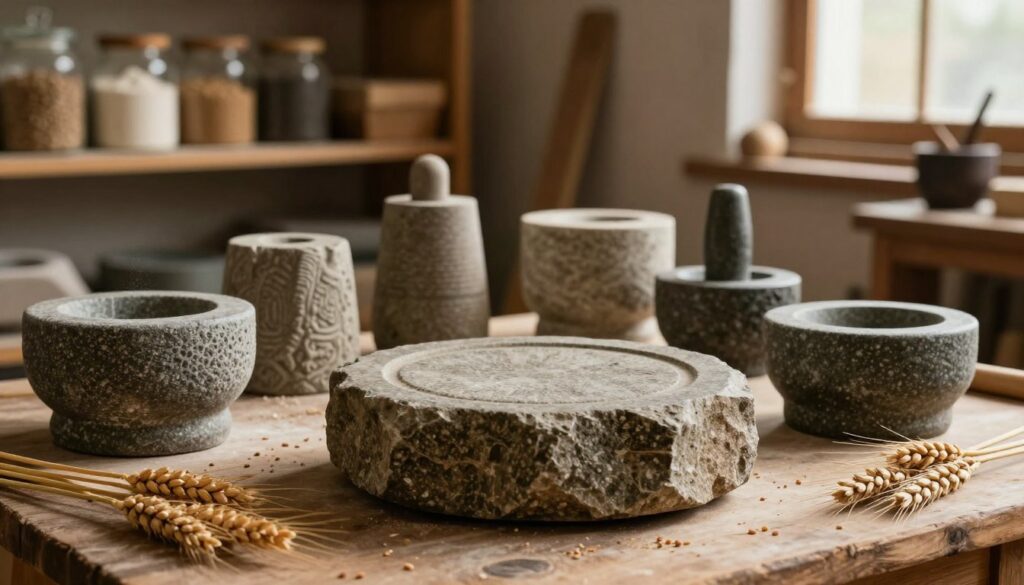An artisan milling stone set in a rustic workshop, prominently displayed in the foreground. The stone is rough, with visible grooves and a weathered surface, surrounded by scattered grains of wheat. In the middle ground, there are additional diverse types of grinding stones, each showcasing different textures and designs, highlighting their variations in shape and size. The background features shelves with jars of flour and tools of traditional milling, softly illuminated by warm, ambient light filtering through a window, creating a cozy atmosphere. The overall mood is one of craftsmanship and tradition, inviting contemplation about the importance of selecting the right milling stone for grain grinding.