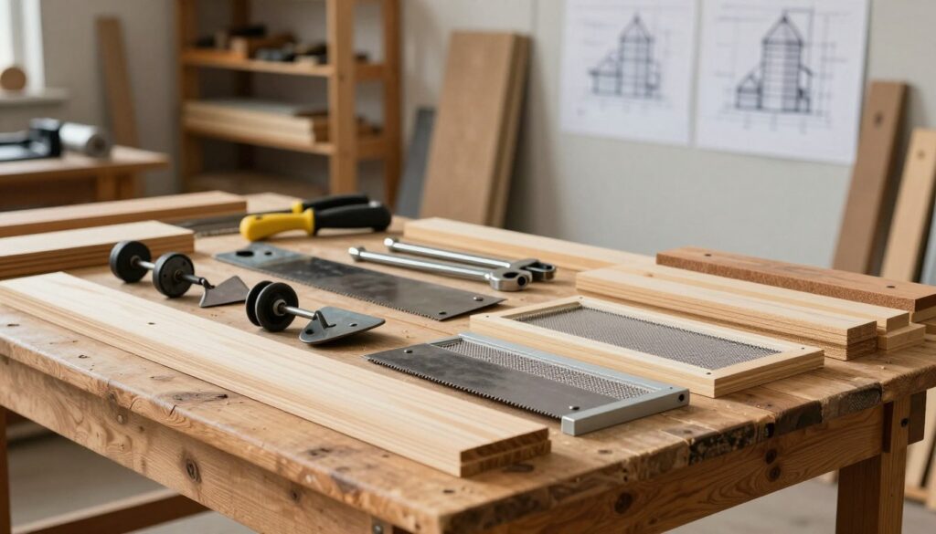 An assortment of building materials for a grain cleaning mill, arranged meticulously on a rustic wooden workbench. In the foreground, various types of wood planks, metal components like wheels and blades, and fine mesh screens are visible, showcasing their texture and color. In the middle ground, tools such as wrenches and saws are neatly organized, hinting at the project assembly process. The background features a softly lit workshop with shelves filled with more materials and blueprints of the mill design. Warm, natural lighting enhances the atmosphere, conveying a sense of craftsmanship and dedication. The overall mood is industrious and inviting, highlighting the importance of selecting quality materials for effective grain cleaning. An assortment of building materials for a grain cleaning mill, arranged meticulously on a rustic wooden workbench. In the foreground, various types of wood planks, metal components like wheels and blades, and fine mesh screens are visible, showcasing their texture and color. In the middle ground, tools such as wrenches and saws are neatly organized, hinting at the project assembly process. The background features a softly lit workshop with shelves filled with more materials and blueprints of the mill design. Warm, natural lighting enhances the atmosphere, conveying a sense of craftsmanship and dedication. The overall mood is industrious and inviting, highlighting the importance of selecting quality materials for effective grain cleaning.