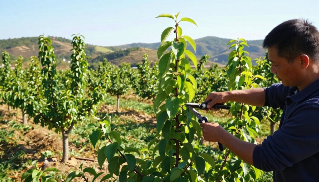 An orchard scene focused on the art of shaping a plum tree crown in a year-by-year progression. In the foreground, a skilled gardener prunes a young plum tree, demonstrating the technique of bending branches to encourage a loose crown structure, with fresh green leaves in vibrant detail. The middle layer showcases additional plum trees at various growth stages, some with conical shapes and others with more open crowns, illustrating effective techniques to improve fruit yield. In the background, a sunlit landscape of rolling hills under a clear blue sky adds warmth and tranquility to the scene. Soft, natural lighting enhances the greenery, while a slight depth of field focuses on the gardener's actions. The mood is serene, educational, and focused on nurturing nature. An orchard scene focused on the art of shaping a plum tree crown in a year-by-year progression. In the foreground, a skilled gardener prunes a young plum tree, demonstrating the technique of bending branches to encourage a loose crown structure, with fresh green leaves in vibrant detail. The middle layer showcases additional plum trees at various growth stages, some with conical shapes and others with more open crowns, illustrating effective techniques to improve fruit yield. In the background, a sunlit landscape of rolling hills under a clear blue sky adds warmth and tranquility to the scene. Soft, natural lighting enhances the greenery, while a slight depth of field focuses on the gardener's actions. The mood is serene, educational, and focused on nurturing nature.