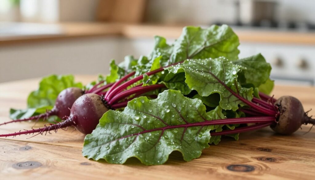 Fresh, vibrant beet greens with their distinct deep green leaves and striking red-purple stems, carefully arranged on a rustic wooden table, showcasing a selection of the youngest, tender leaves and small beetroots. In the foreground, the focus is on the dewy, textured leaves, capturing the intricate veins and freshness of the greens. In the middle ground, a few small, young beetroots with their lustrous skin peek out from beneath the leaves, while the background features a softly blurred, sunlit kitchen setting, evoking a warm and inviting atmosphere. The lighting is natural and gentle, creating a fresh and bright mood, perfect for showcasing seasonal produce. The image should be composed using a shallow depth of field for a pleasing bokeh effect. Fresh, vibrant beet greens with their distinct deep green leaves and striking red-purple stems, carefully arranged on a rustic wooden table, showcasing a selection of the youngest, tender leaves and small beetroots. In the foreground, the focus is on the dewy, textured leaves, capturing the intricate veins and freshness of the greens. In the middle ground, a few small, young beetroots with their lustrous skin peek out from beneath the leaves, while the background features a softly blurred, sunlit kitchen setting, evoking a warm and inviting atmosphere. The lighting is natural and gentle, creating a fresh and bright mood, perfect for showcasing seasonal produce. The image should be composed using a shallow depth of field for a pleasing bokeh effect.