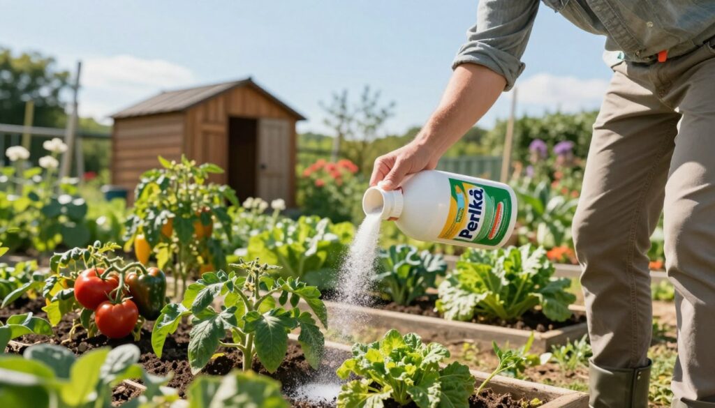 Illustrate a gardening scene that showcases the application of a granular fertilizer, specifically focusing on "Perlką." In the foreground, a gardener, dressed in modest casual attire, gently spreads the fertilizer around vibrant green plants in a lush vegetable garden. In the middle ground, depict various healthy plants, including tomatoes, peppers, and leafy greens, thriving in well-structured rows. The background features a clear blue sky and a wooden garden shed surrounded by flowering bushes. Employ soft, natural lighting to create a warm atmosphere, capturing a bright, sunny day. Use a slightly elevated angle to emphasize the flourishing garden and the gardener’s thoughtful application process, conveying a sense of care and expertise in gardening practices. Illustrate a gardening scene that showcases the application of a granular fertilizer, specifically focusing on "Perlką." In the foreground, a gardener, dressed in modest casual attire, gently spreads the fertilizer around vibrant green plants in a lush vegetable garden. In the middle ground, depict various healthy plants, including tomatoes, peppers, and leafy greens, thriving in well-structured rows. The background features a clear blue sky and a wooden garden shed surrounded by flowering bushes. Employ soft, natural lighting to create a warm atmosphere, capturing a bright, sunny day. Use a slightly elevated angle to emphasize the flourishing garden and the gardener’s thoughtful application process, conveying a sense of care and expertise in gardening practices.