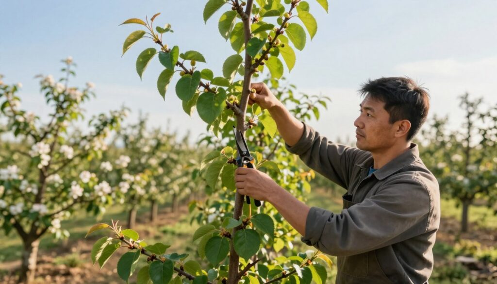 In a tranquil orchard scene, a coachman is gently pruning a young plum tree to shape its crown. The foreground features the coachman, dressed in modest, professional gardening attire, focused on the branches. In the middle ground, the plum tree is lush with vibrant green leaves, showing early signs of fruit development. The background showcases rows of blossoming plum trees under a clear blue sky, with soft, golden sunlight filtering through the leaves, creating a warm, inviting atmosphere. The image captures a close-up view through a shallow depth of field, emphasizing the pruning action while softly blurring the surrounding trees, evoking a sense of care and nurturing in the orchard. In a tranquil orchard scene, a coachman is gently pruning a young plum tree to shape its crown. The foreground features the coachman, dressed in modest, professional gardening attire, focused on the branches. In the middle ground, the plum tree is lush with vibrant green leaves, showing early signs of fruit development. The background showcases rows of blossoming plum trees under a clear blue sky, with soft, golden sunlight filtering through the leaves, creating a warm, inviting atmosphere. The image captures a close-up view through a shallow depth of field, emphasizing the pruning action while softly blurring the surrounding trees, evoking a sense of care and nurturing in the orchard.