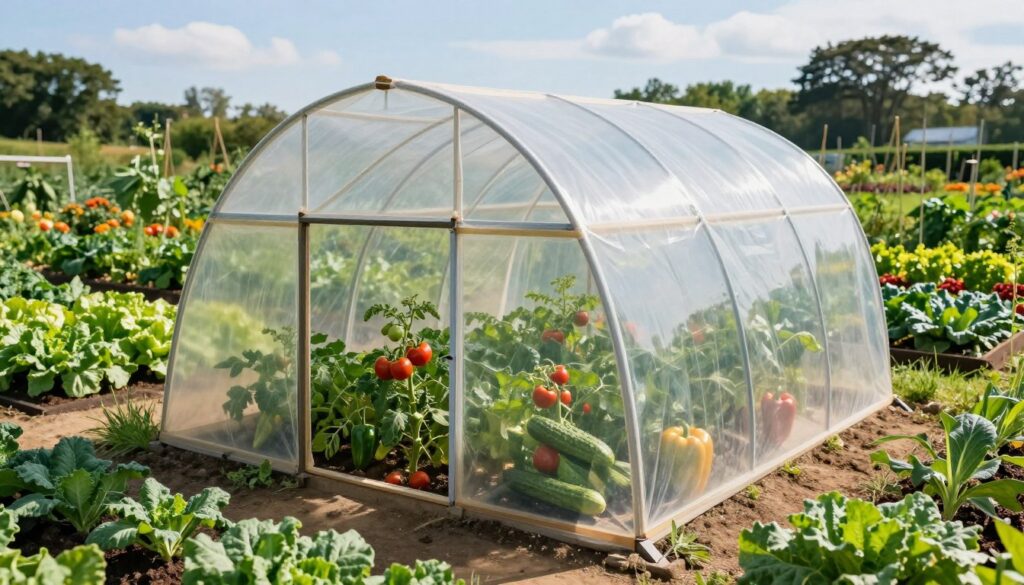 In a vibrant vegetable garden, a well-constructed greenhouse tunnel sits prominently in the foreground, filled with lush green crops like tomatoes, cucumbers, and bell peppers. The structure is made of clear plastic, showing the care and organization of the plants inside. In the middle ground, the garden is laid out with neatly arranged rows of vegetables basking under bright sunlight, indicating a productive growing season. The background features a serene landscape with trees and blue sky, creating a peaceful atmosphere. The lighting is warm and soft, capturing the essence of a sunny day, enhancing the green tones of the plants. This image conveys a sense of growth and vitality, embodying the perfect setting for successful vegetable cultivation. In a vibrant vegetable garden, a well-constructed greenhouse tunnel sits prominently in the foreground, filled with lush green crops like tomatoes, cucumbers, and bell peppers. The structure is made of clear plastic, showing the care and organization of the plants inside. In the middle ground, the garden is laid out with neatly arranged rows of vegetables basking under bright sunlight, indicating a productive growing season. The background features a serene landscape with trees and blue sky, creating a peaceful atmosphere. The lighting is warm and soft, capturing the essence of a sunny day, enhancing the green tones of the plants. This image conveys a sense of growth and vitality, embodying the perfect setting for successful vegetable cultivation.