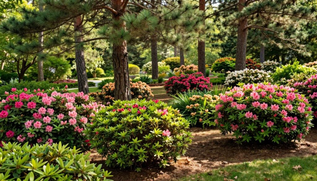 Lush garden scene featuring vibrant shrubs thriving under tall pine trees, illustrating a harmonious ecosystem. In the foreground, a variety of colorful flowering shrubs like azaleas and rhododendrons create a vibrant splash of color, with rich green foliage contrasting against the earthy tones. The middle ground showcases the sturdy trunks and needle-covered branches of the pine trees, casting gentle shadows on the ground. The background fades into a soft-focus of additional greenery, hinting at a shaded woodland environment. Soft, dappled sunlight filters through the tree canopy, creating a warm, inviting atmosphere. The angle is slightly elevated, giving a panoramic view of this beautifully balanced landscape, emphasizing the interplay of acidity-loving plants and pine forest.
