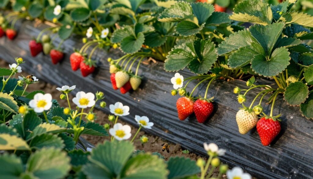 Strawberry plants in a lush garden, showcasing the vibrant contrast between blooming flowers and ripe strawberry fruits. In the foreground, display delicate white and yellow blossoms with a few bees pollinating them. In the middle ground, illustrate clusters of red strawberries, glistening with morning dew, interspersed with lush green leaves. In the background, incorporate rows of more strawberry plants, hinting at a bountiful harvest. The lighting should be warm and natural, simulating a sunny day, with soft shadows enhancing the plant textures. Capture the scene from a low angle to emphasize the abundance of fruit and flowers, creating a serene and inviting atmosphere that reflects the growth cycle of these repeating fruit-bearing plants. Strawberry plants in a lush garden, showcasing the vibrant contrast between blooming flowers and ripe strawberry fruits. In the foreground, display delicate white and yellow blossoms with a few bees pollinating them. In the middle ground, illustrate clusters of red strawberries, glistening with morning dew, interspersed with lush green leaves. In the background, incorporate rows of more strawberry plants, hinting at a bountiful harvest. The lighting should be warm and natural, simulating a sunny day, with soft shadows enhancing the plant textures. Capture the scene from a low angle to emphasize the abundance of fruit and flowers, creating a serene and inviting atmosphere that reflects the growth cycle of these repeating fruit-bearing plants.