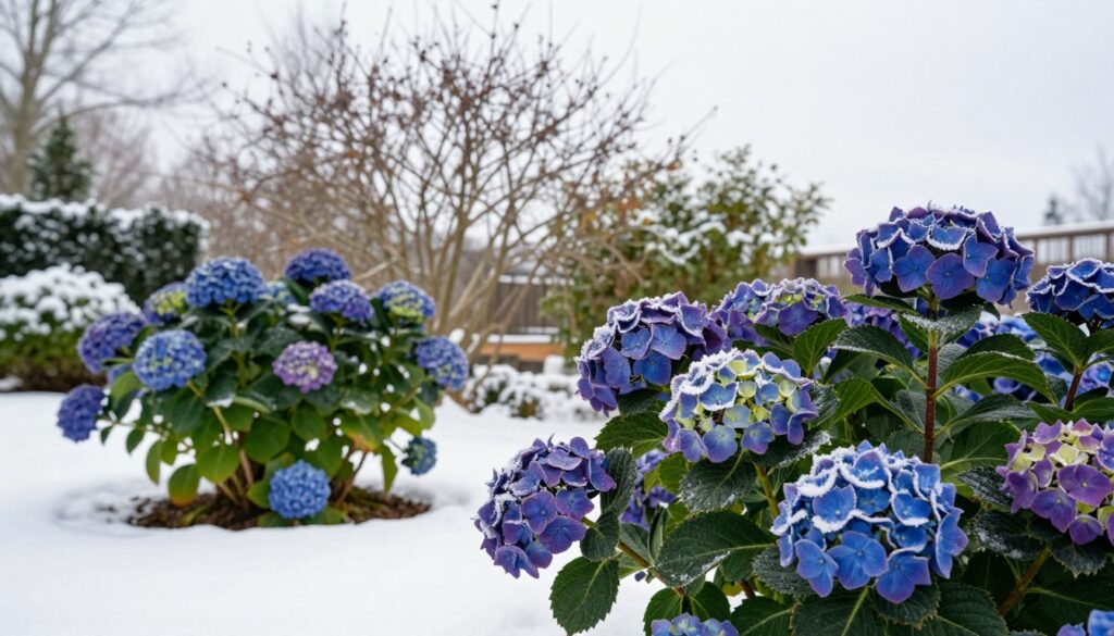 Vibrant winter scene featuring a garden with hydrangeas (hortensje) in various stages of dormancy, set against a soft, snowy background. In the foreground, focus on richly colored hydrangea blooms, some dark blue and purple tinged with frost, while others appear at the bud stage. For the middle ground, include a subtle mix of bare branches and green shrubbery, creating a contrast against the white blanket of snow covering the ground. The background should feature a gentle winter sky, pale and overcast, enhancing the tranquil mood. Use soft, diffused lighting to evoke a serene atmosphere, and capture the scene from a low angle, emphasizing the beauty and resilience of the hydrangeas even in winter.