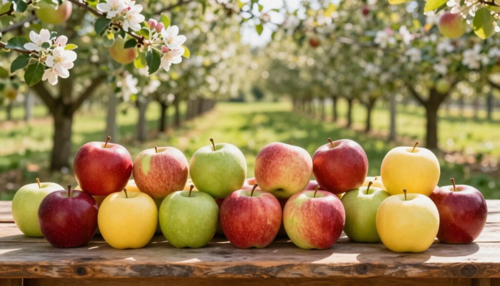 A beautiful and vibrant display of various apple cultivars, showcasing their unique colors and shapes. In the foreground, a variety of apples including red, green, and yellow ones, each with distinct textures, arranged artfully on a rustic wooden table. The middle layer features apple trees in full bloom, with delicate blossoms creating a soft, romantic atmosphere. The background showcases a sunlit orchard, with dappled sunlight filtering through the leaves, casting gentle shadows. The scene should evoke a sense of warmth, abundance, and the rich history of apples. Use bright, natural lighting to enhance the colors, and apply a shallow depth of field to emphasize the foreground apples while keeping the orchard subtly blurred. A warm, inviting mood permeates the image, perfect for illustrating the diversity of apple varieties. A beautiful and vibrant display of various apple cultivars, showcasing their unique colors and shapes. In the foreground, a variety of apples including red, green, and yellow ones, each with distinct textures, arranged artfully on a rustic wooden table. The middle layer features apple trees in full bloom, with delicate blossoms creating a soft, romantic atmosphere. The background showcases a sunlit orchard, with dappled sunlight filtering through the leaves, casting gentle shadows. The scene should evoke a sense of warmth, abundance, and the rich history of apples. Use bright, natural lighting to enhance the colors, and apply a shallow depth of field to emphasize the foreground apples while keeping the orchard subtly blurred. A warm, inviting mood permeates the image, perfect for illustrating the diversity of apple varieties.