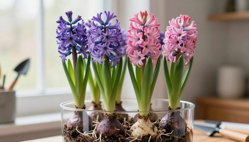 A beautiful arrangement of blooming hyacinths in a transparent glass container, showcasing their vibrant colors and lush greenery. The foreground features several bulbs nestled in dark, rich soil, with delicate roots peeking out. In the middle, the hyacinths rise proudly, displaying their clusters of flowers in shades of purple and pink, set against a backdrop of soft, diffuse natural light filtering through a window. The glass vessel glimmers with reflections, enhancing its elegance. In the background, a hint of a cozy indoor space adds warmth, with blurred outlines of gardening tools and earth-toned decor. The overall atmosphere is serene and inviting, perfect for cultivating new life. A beautiful arrangement of blooming hyacinths in a transparent glass container, showcasing their vibrant colors and lush greenery. The foreground features several bulbs nestled in dark, rich soil, with delicate roots peeking out. In the middle, the hyacinths rise proudly, displaying their clusters of flowers in shades of purple and pink, set against a backdrop of soft, diffuse natural light filtering through a window. The glass vessel glimmers with reflections, enhancing its elegance. In the background, a hint of a cozy indoor space adds warmth, with blurred outlines of gardening tools and earth-toned decor. The overall atmosphere is serene and inviting, perfect for cultivating new life.
