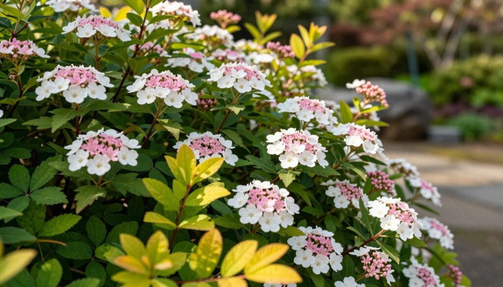 A beautiful, close-up view of a Japanese spirea shrub (tawuła japońska) in full bloom, showcasing its delicate clusters of small white and pink flowers against rich green foliage. In the foreground, vibrant leaves exhibit a range of colors, from deep green to soft yellow, reflecting the plant's seasonal variations. The middle ground features the intricate flower clusters, with some petals glistening in the gentle sunlight, creating a cheerful and inviting atmosphere. The background displays a soft-focus garden scene, with hints of other blooming plants blurred out to emphasize the spirea. The lighting is warm and natural, capturing the beauty of the daylight, and the angle is slightly low, giving an uplifting perspective of the shrub. The overall mood is serene and refreshing, perfect for a tranquil garden setting. A beautiful, close-up view of a Japanese spirea shrub (tawuła japońska) in full bloom, showcasing its delicate clusters of small white and pink flowers against rich green foliage. In the foreground, vibrant leaves exhibit a range of colors, from deep green to soft yellow, reflecting the plant's seasonal variations. The middle ground features the intricate flower clusters, with some petals glistening in the gentle sunlight, creating a cheerful and inviting atmosphere. The background displays a soft-focus garden scene, with hints of other blooming plants blurred out to emphasize the spirea. The lighting is warm and natural, capturing the beauty of the daylight, and the angle is slightly low, giving an uplifting perspective of the shrub. The overall mood is serene and refreshing, perfect for a tranquil garden setting.