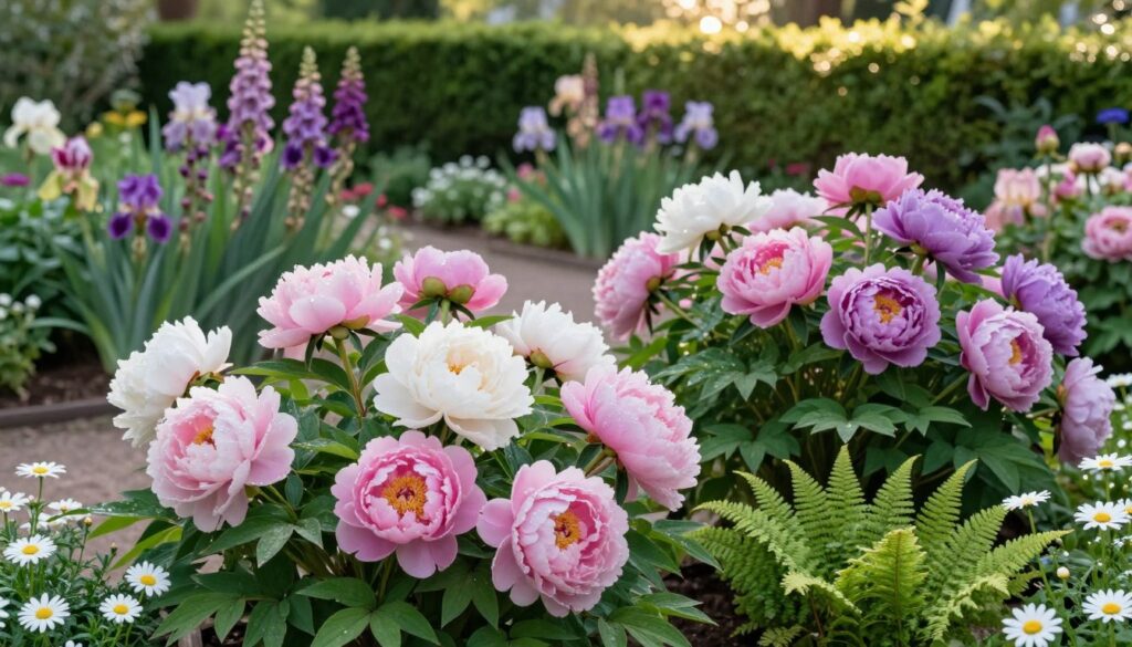 A beautiful garden scene featuring a vibrant display of peonies in full bloom, showcasing their lush petals in shades of pink, white, and lavender. In the foreground, pair peonies with complementary plants like delicate daisies and soft green ferns, adding a harmonious touch. The middle ground reveals a gentle path lined with colorful flowering plants such as irises and foxgloves, enhancing the elegance of the peonies. In the background, a lush green hedge provides a serene backdrop under soft, diffused sunlight, creating a warm and inviting atmosphere. The image captures a tranquil spring day, with the flowers glistening from morning dew, inviting admiration and inspiration for garden design. Create this scene from a slightly elevated angle to encompass the layering of blooms and foliage effectively, emphasizing depth and beauty. A beautiful garden scene featuring a vibrant display of peonies in full bloom, showcasing their lush petals in shades of pink, white, and lavender. In the foreground, pair peonies with complementary plants like delicate daisies and soft green ferns, adding a harmonious touch. The middle ground reveals a gentle path lined with colorful flowering plants such as irises and foxgloves, enhancing the elegance of the peonies. In the background, a lush green hedge provides a serene backdrop under soft, diffused sunlight, creating a warm and inviting atmosphere. The image captures a tranquil spring day, with the flowers glistening from morning dew, inviting admiration and inspiration for garden design. Create this scene from a slightly elevated angle to encompass the layering of blooms and foliage effectively, emphasizing depth and beauty.